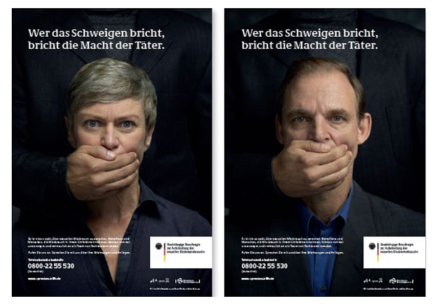 Plakatmotiv: zwei Erwachsene, denen der Mund zugehalten wird. Text: "Wer das Schweigen bricht, bricht die Macht der Täter."