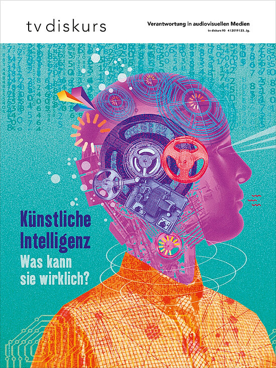 Illustration mit Kopf, der mechanische Räder enthält; Cover tv diskurs 90, 4/2019: Künstliche Intelligenz. Was kann sie wirklich?