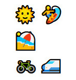 Emojis: Sonne, Surfer, Strandschirm, Fahrrad, Zug (Emojipedia)